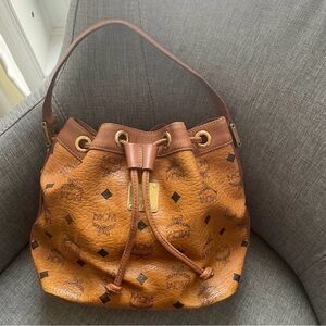 MCM Tan Leather Drawstring bucket Bag